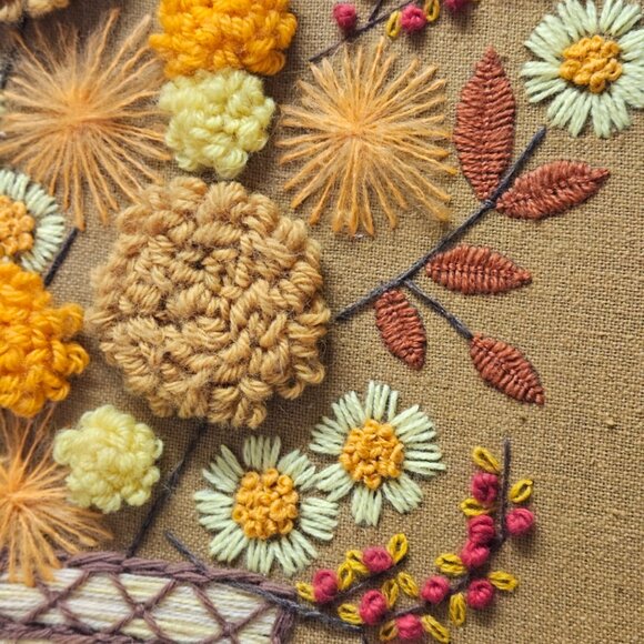 Vintage 60s/70s Crewel Handmade Fall Floral Basket with Cattails Framed MCM Art - Picture 7 of 11